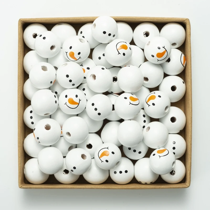 20 Pcs Christmas Wooden Beads Snowman Winter Loose Round Bead Ornament for Christmas Party Diy Crafts Jewelry Making