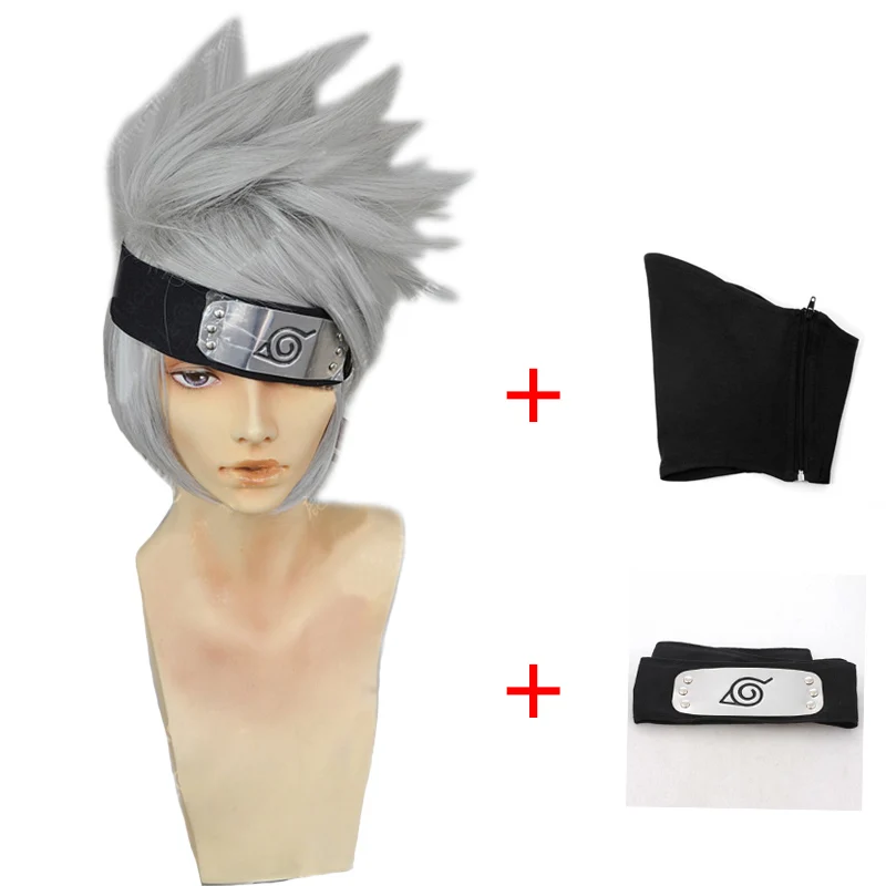 Hatake Kakashi Short Silver Gray Color Hair Heat Resistant Cos Wigs +  Headband + Mask