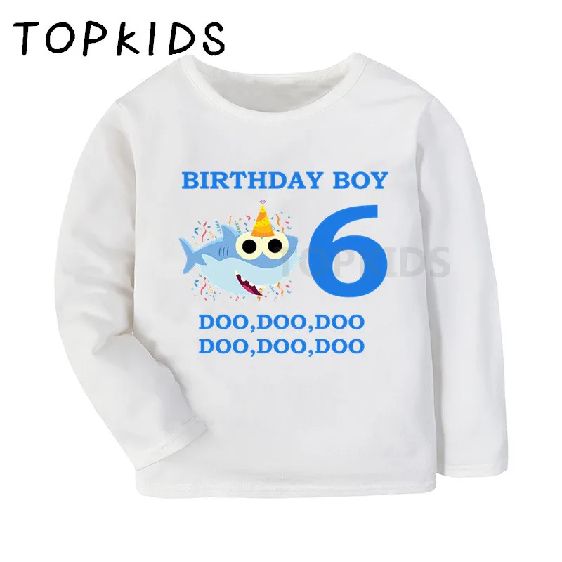 2021 Boys Happy Birthday Blue Shark 1-9 Number Cartoon Print T shirt Kids Long Sleeve T-shirt Children Funny Clothes,LKP2441