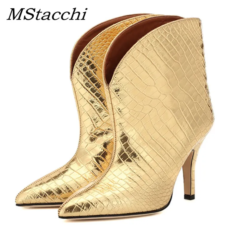 MStacchi stivali da donna alla moda in oro primavera autunno autunno calzature stivaletti con punta a punta per donna scarpe con tacco alto con