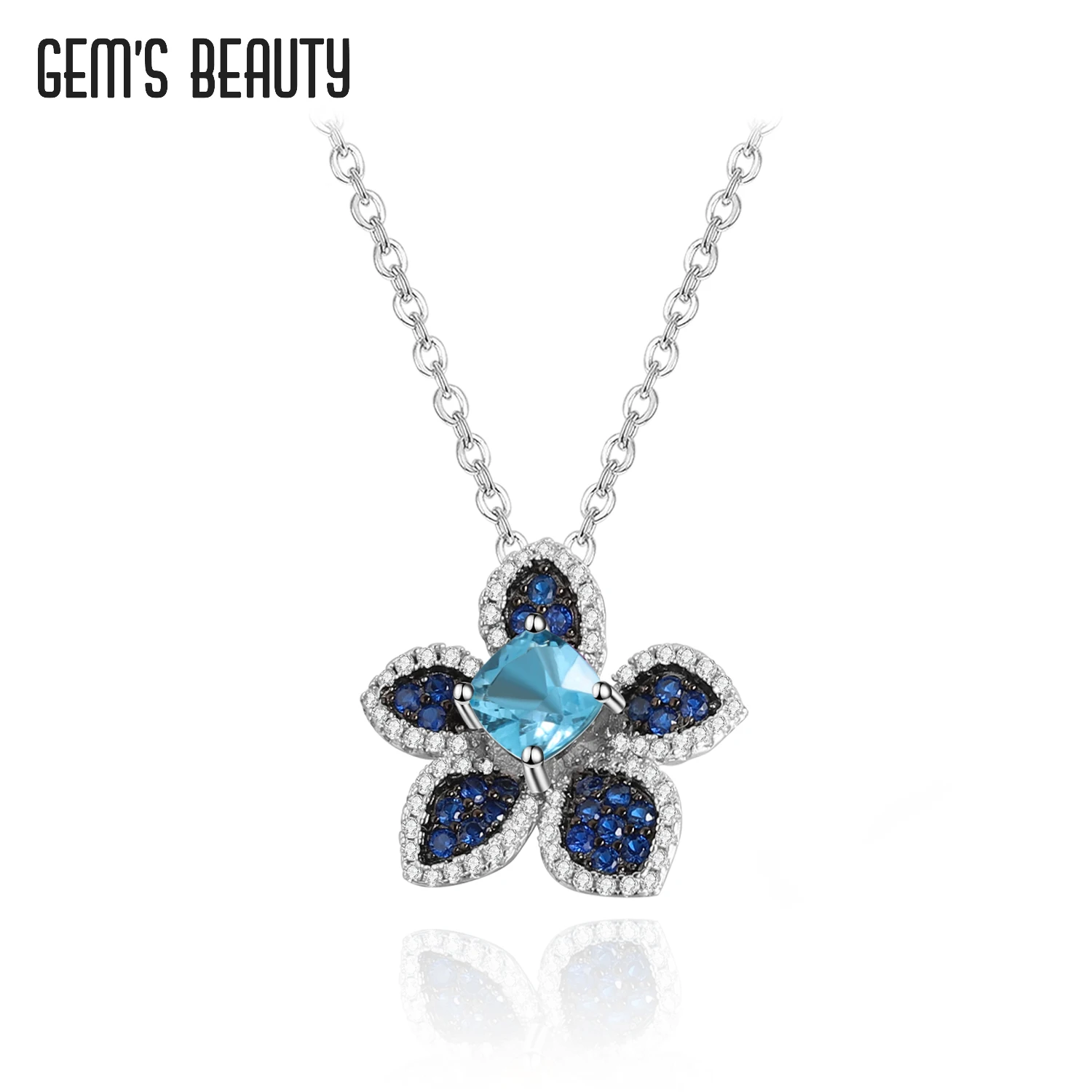 Gem's Beauty 925 Sterling Silver Blue Witch Flower Pendant Necklaces Natural Swiss Blue Topaz Necklaces For Women Fine Jewelry