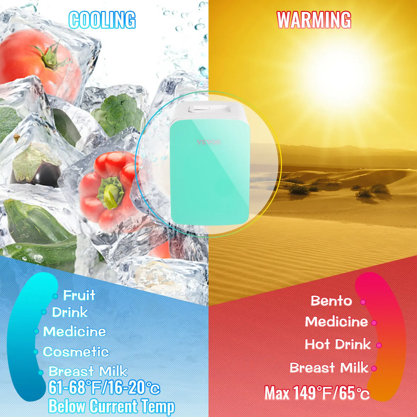 VEVOR 15ลิตรตู้เย็นขนาดเล็กแบบพกพา AC 110V DC 12V 45W Cool & Warm โหมดสำหรับรถบ้านจัดเก็บอาหารเครื่องดื่ม Skincare Beauty Essentials