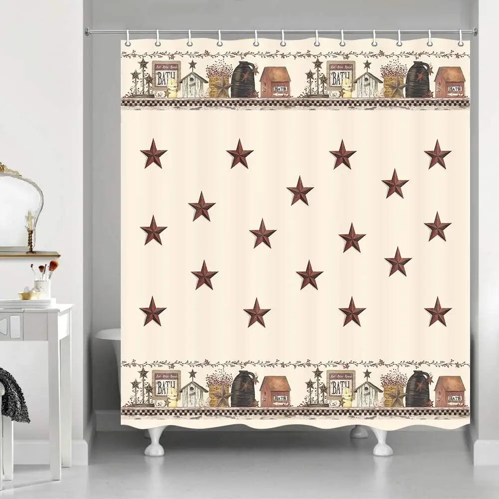 

Rustic Country Shower Curtains Primitive Barn Star Relax Bath Outhouse Christmas Farmhouse Hooks Bath Curtain for Bathroom Decor