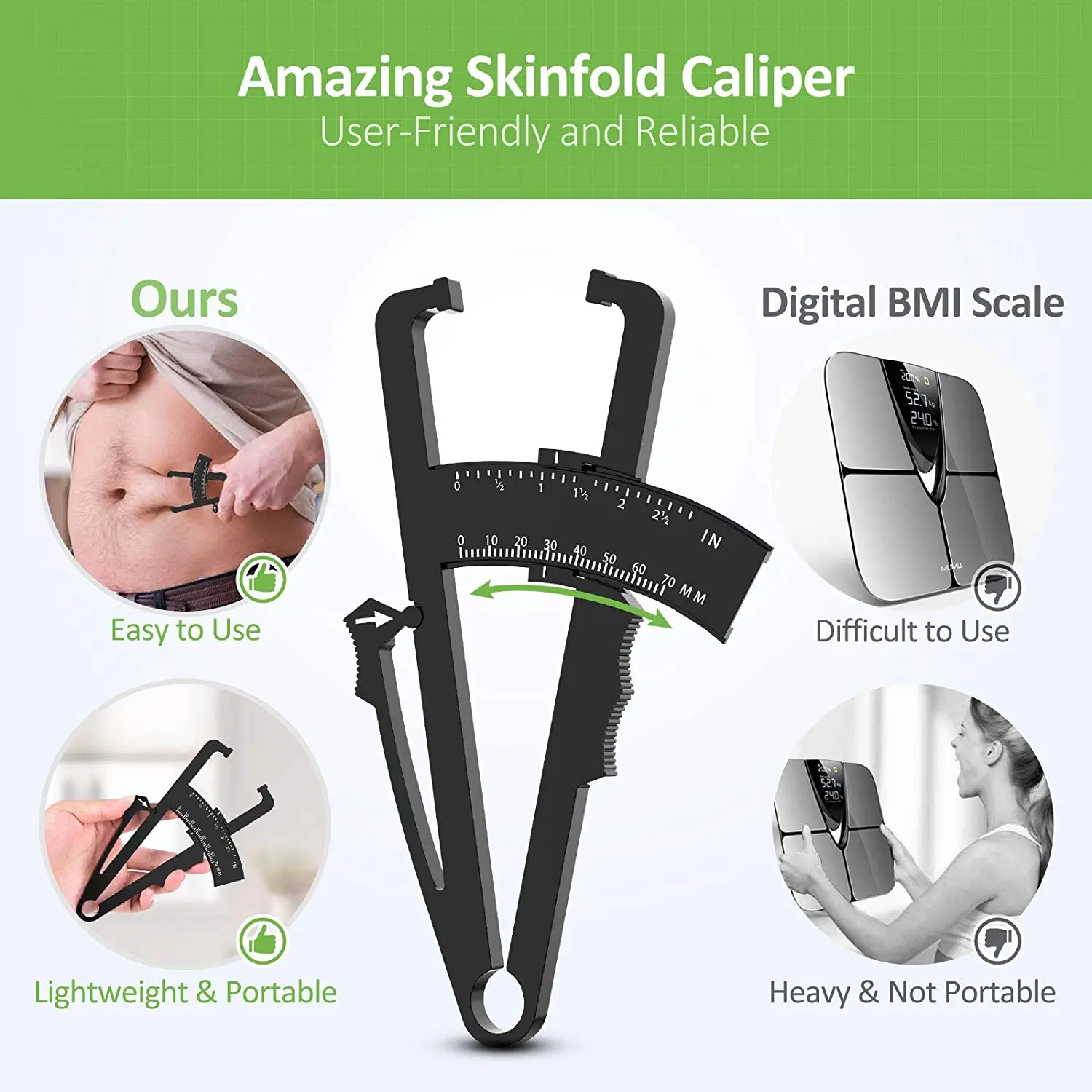 Body Fat Caliper Fat Measure Clipper Combo with Body Fat Percentage Measure Chart Measuring Body Fat for Men and Women