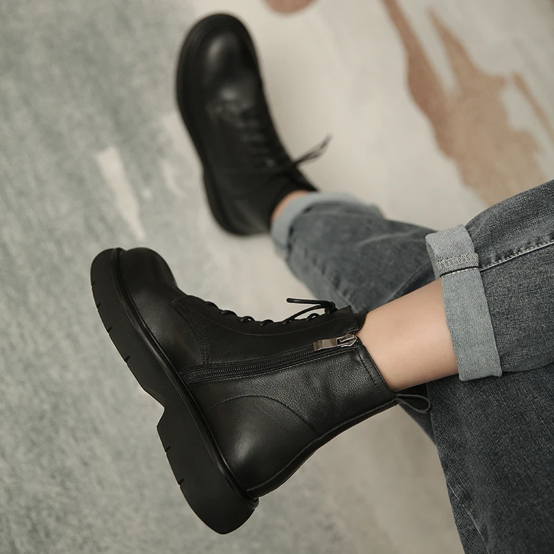 Women Shoes Women Boots 2024 Winter Genuine Leather Ankle Boots zapatos de mujer womens platform heels chunky boots lace up