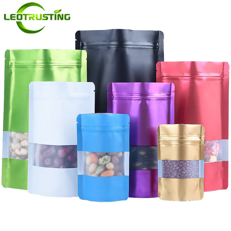 

100PCS Stand up Matte Aluminum Foil Window Ziplock Bag Resealable Snack Beads Cereals Spice Sugar Candy Tea Storage Pouches