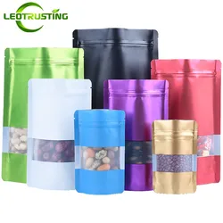 100 Uds. Bolsa Ziplock de ventana de papel de aluminio mate de pie, cuentas de aperitivos resellables, cereales, especias, azúcar, dulces, bolsas de almacenamiento de té