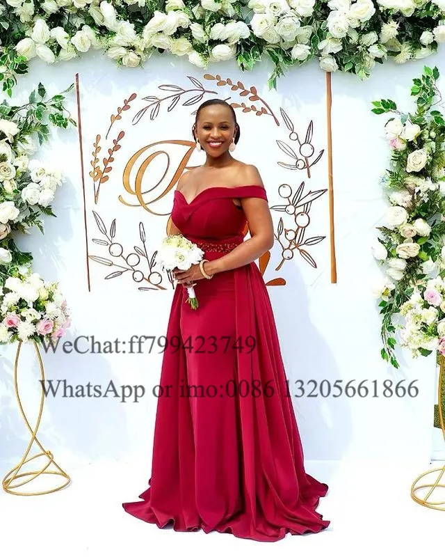 Formal Burgundy Off Shoulder Bridesmaid Dresses Mermaid Detachable Train Long Wedding Party Dress African Sequin Prom Gown