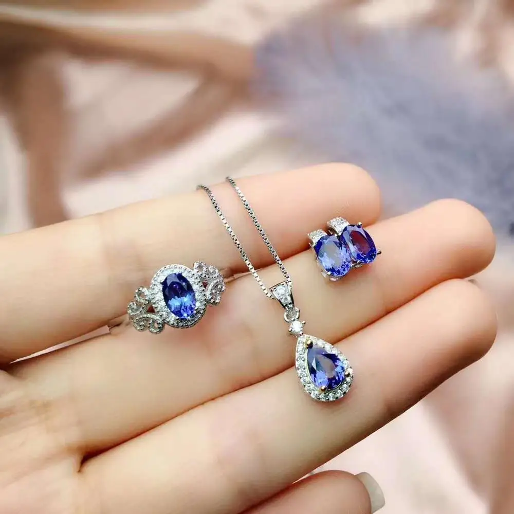 

Real Natural Tanzanite jewelry set Natural Real Tanzanite 925 sterling silver 1pc pendant,1pc ring,2pcs Earring