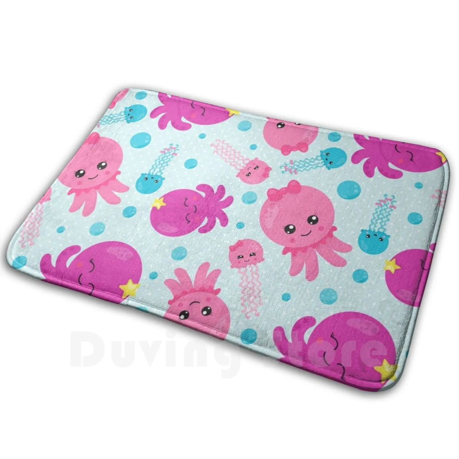 Kawaii Octopus Pink & ; Blue Carpet Mat Rug Cushion Soft Non-Slip Octopus Octopi Pink Blue Tentacles Bows Kawaii Cute