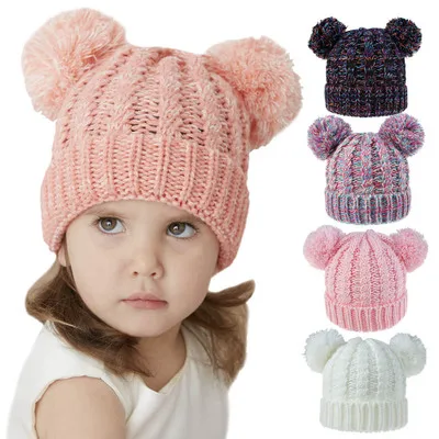 2020 New Cute Cartoon Elastic Baby Hat Children's Knit Cotton Beans Autumn Winter Warm Girl Double Pompom Cap