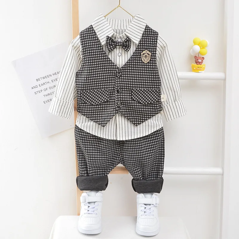 Children Kids Gentleman Clothing Suit Birthday Wedding Party Elegant Set Baby Boy Casual Wear Striped Shirt Vest Pants Costume