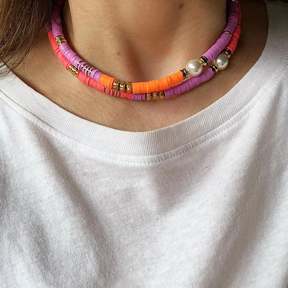 Boho Fashion Colorful Choker Necklace Jewelry Handmade Polymer Clay Necklace Women  Beach Jewelry Gift