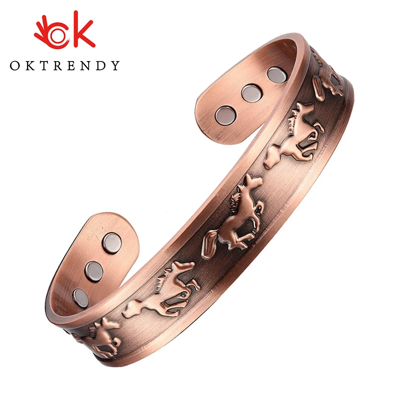 

Oktrendy Magnetic Copper Bangle Bracelets Men Wide Health Energy 15mm Adjustable Bangle Cuff With Carving Galloping Horse