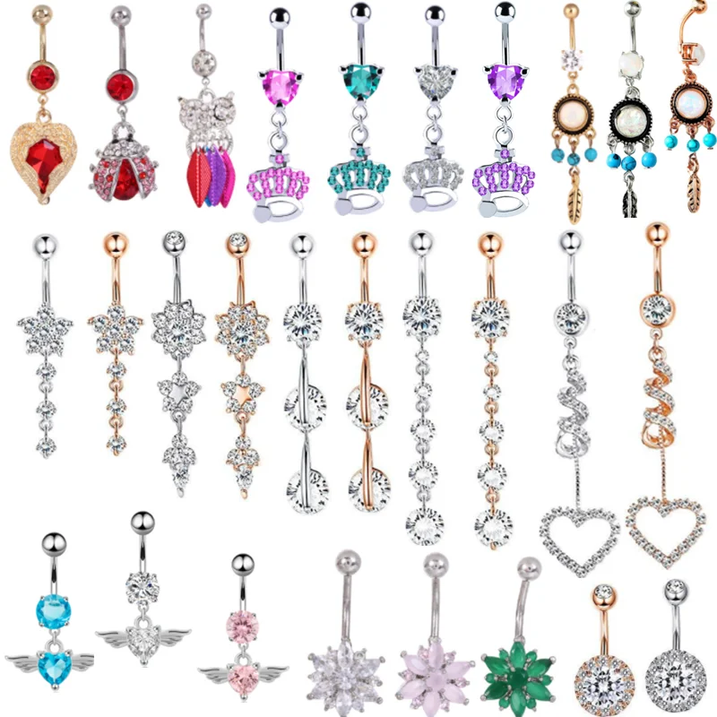 1PCS Zircon Stainless Steel Long Belly Ring Cute Heart Navel Piercing  Rose Gold Sexy Piercing Jewelry for Women