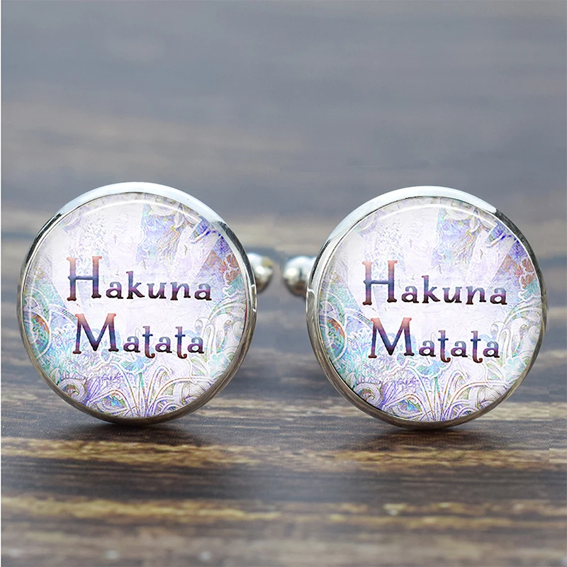 Hakuna Matata for Men Cufflinks Set African Proverb Inspirational Quote Glass Cabochon Jewelry Suit Shirt Cuff Links Gift