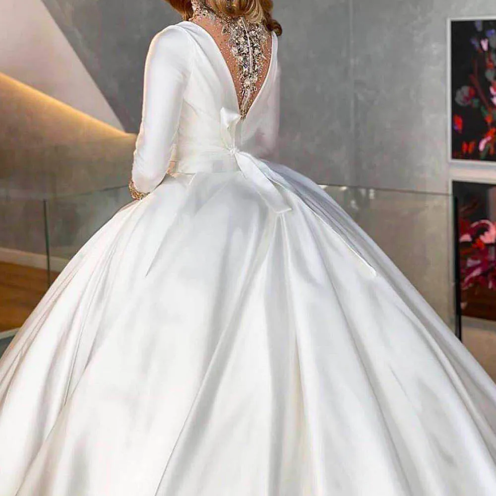 ball gown wedding dresses 2020 long sleeve crystal long sleeve satin puffy bridal dresses vestidos de noiva