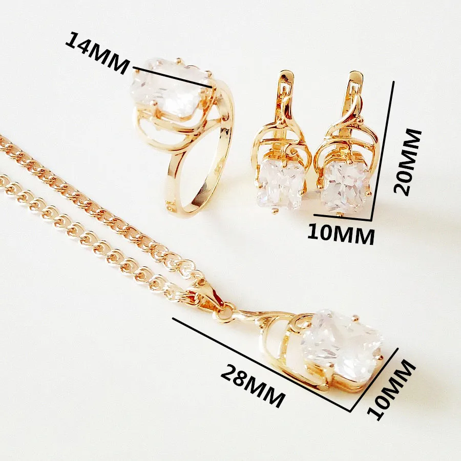 Dubai Style Luxury Women Jewelry Set  585 Rose Gold Color Plating Trendy Square White Stone Ring and Earring Accessory