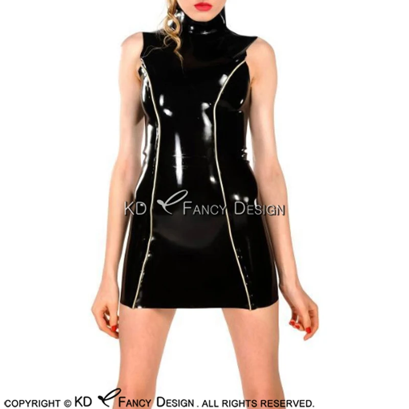 Black And White Trims Stripes On Front Sexy Latex Dress With Zipper At Back Rubber Playsuit Bodycon LYQ-0153