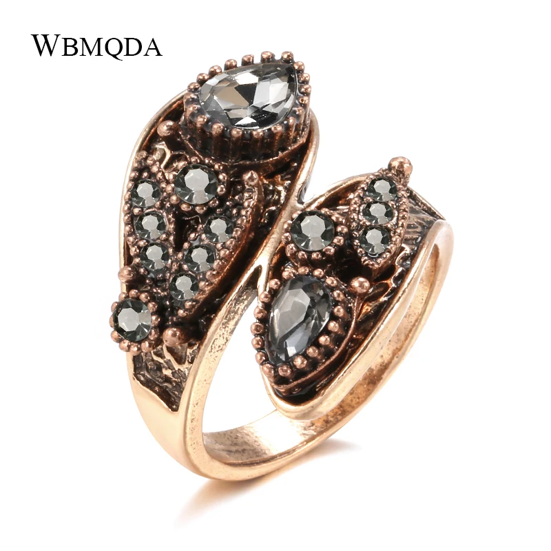 Wbmqda Charm Boho Gray Crystal Rings for Women 585 Antique Gold Color Ethnic Wedding Ring Vintage Jewelry Russia Accessories