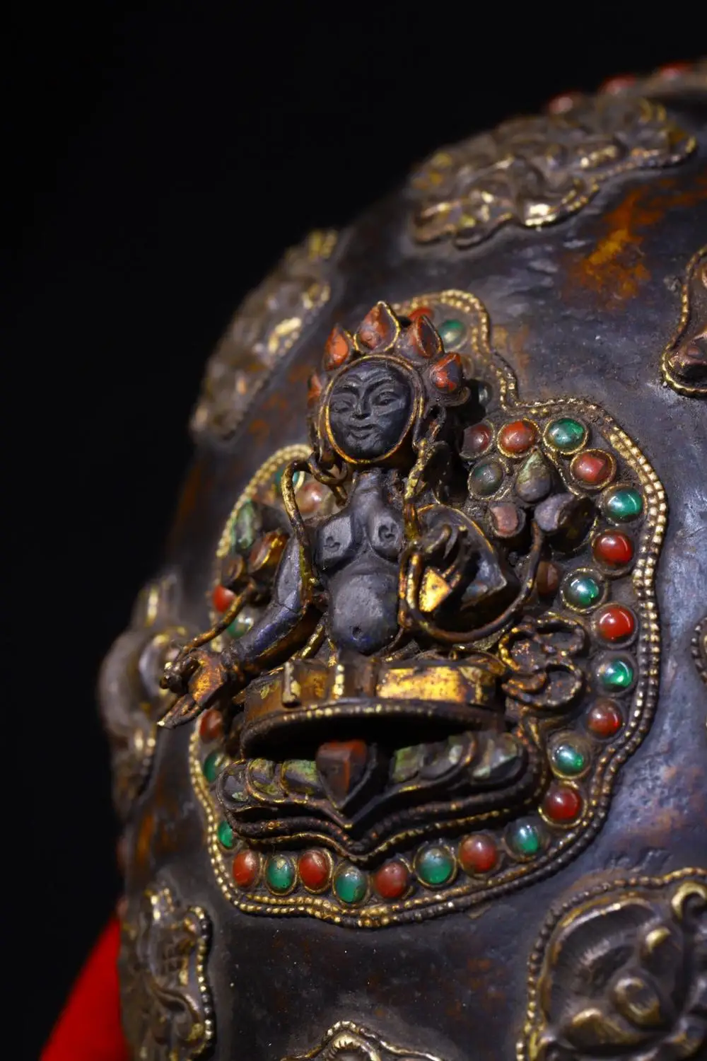 7”Tibetan Temple Collection Old Gabala Bowl Tibetan silver Gem lapis lazuli Green Tara Eight Treasures Skull Bowl Kapala Cup