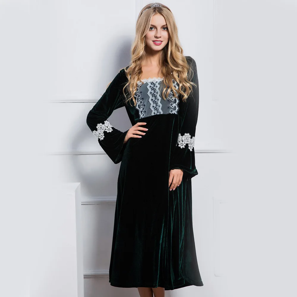 Vintage Women Night Robe One-piece Square Long-sleeves Custom Made Velvet Applique race Sleep gowns Sleepwear Party Pajama