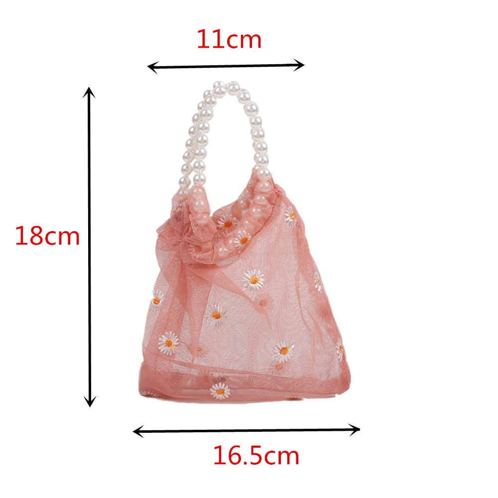 Small Daisy Mesh Shipping Bags Embroidered Light Tote Bags Bolsos Female Floral Pearl Handle Organza Shopper Bag Eco Handbags