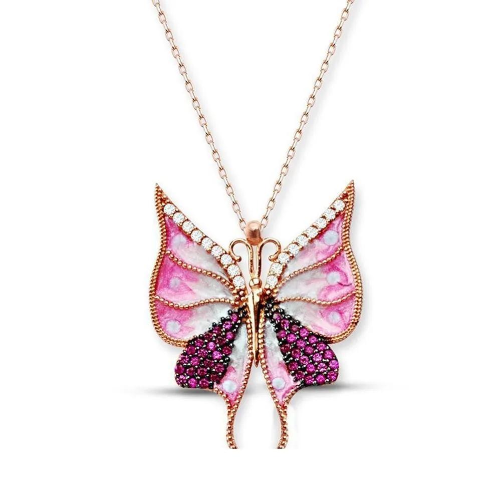 Love Symbol in 925 Sterling Silver Pink Lady ButterflyFor Women Pendant Necklace Accessory Jewelry Valentines Day Gifts