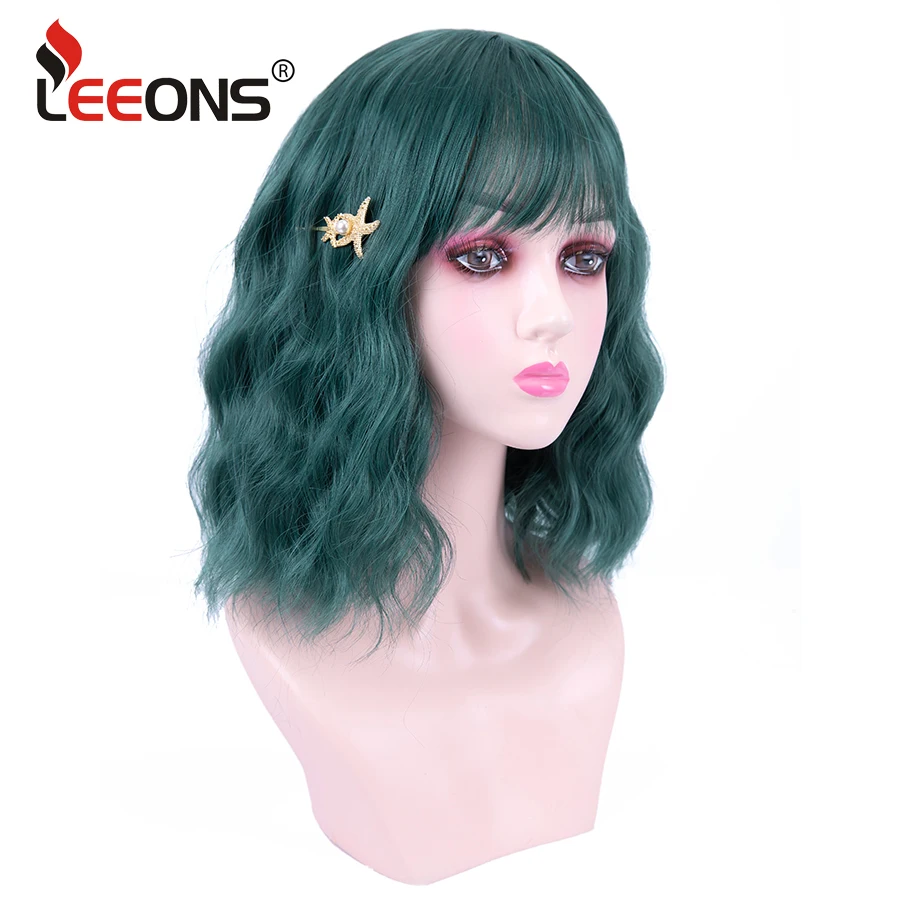 Peluca Bob corta sintética de 14 pulgadas para mujer, pelo verde ondulado con flequillo, colorido, Cosplay diario, fiesta, Natural como cabello Real