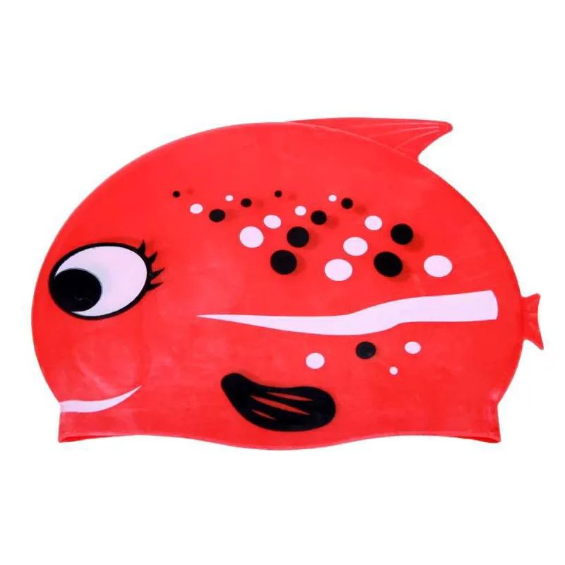 Swimming Cap Children Waterproof Cartoon Fish Print Kids Swim Pool Silicone Ear Protector Cute Swimming hat for Boy Girl