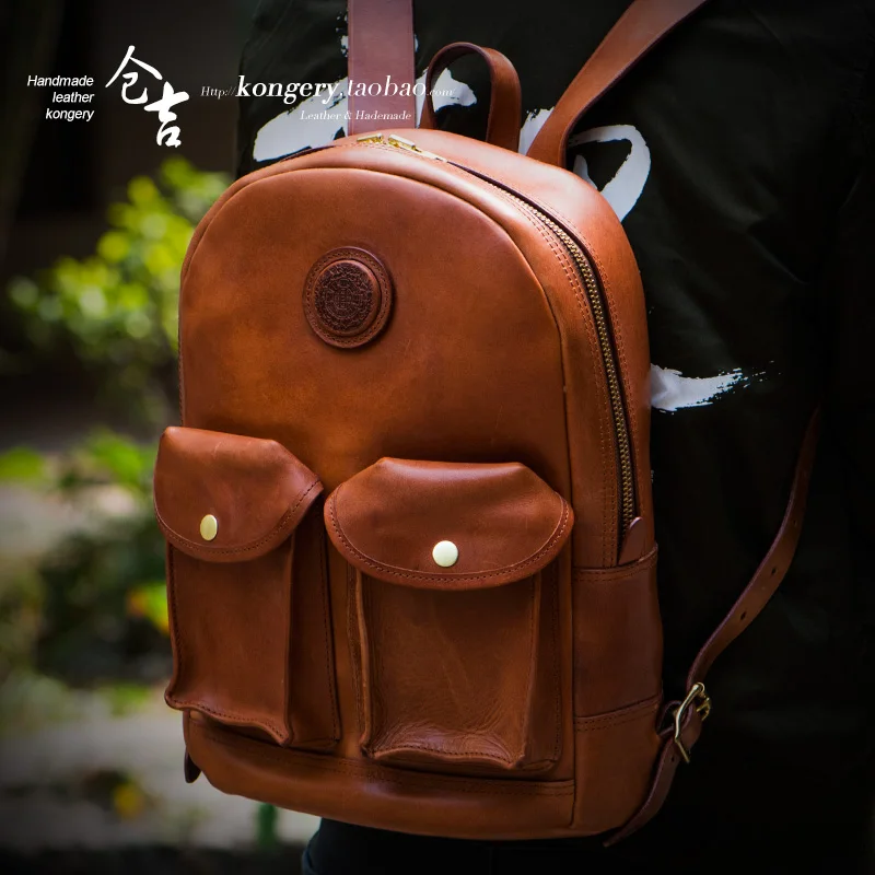 

★Cangji handmade backpack men's leisure bag Chinese style Retro Leather Backpack Leather Computer travel bag schoolbag