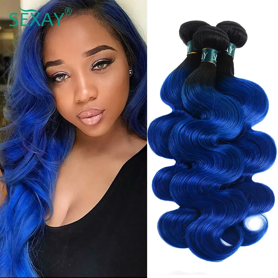 

Sexay Blue Body Wave 4 Bundles Deal 10A Peruvian Remy Human Hair Weaving 3 Pcs Dark Roots Ombre 1B Black Blue Wavy Human Hair