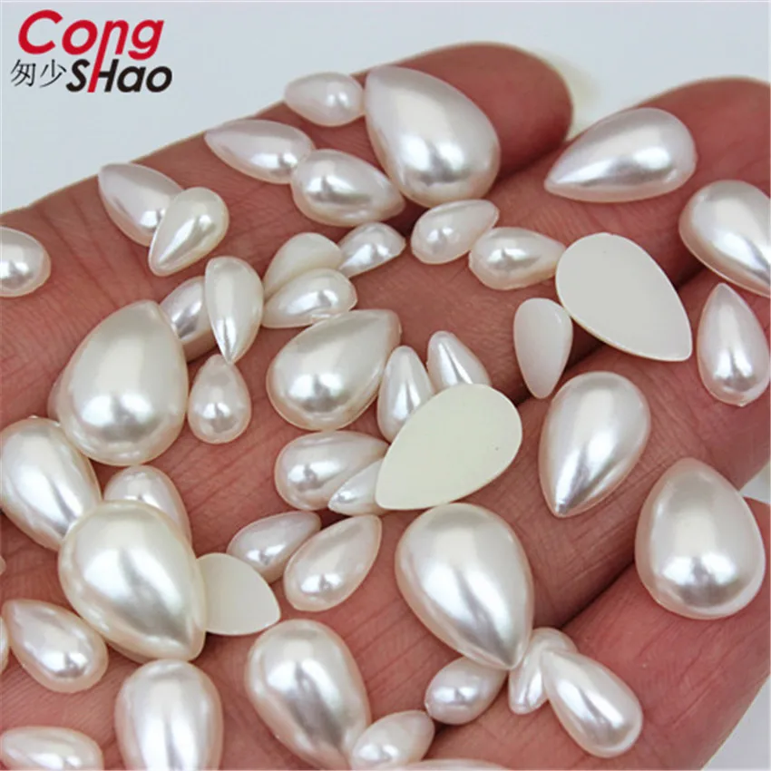 Cong Shao 100 Stück 6 x 10/8 x 13/10 x 14 mm elfenbeinfarbene Tropfenperlen mit flacher Rückseite, Strassperlen, Wasserimitat, Scrapbooking, ZZ212 – Detail 1
