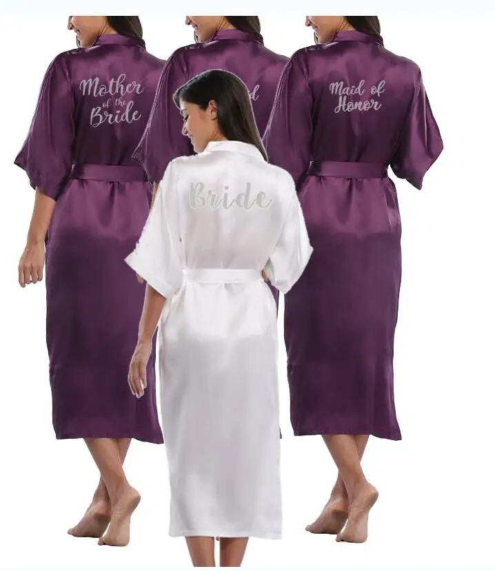 royal purple robe mother of the bride robes grey writing women wedding Bride kimono bridesmaid satin robe drop shippi