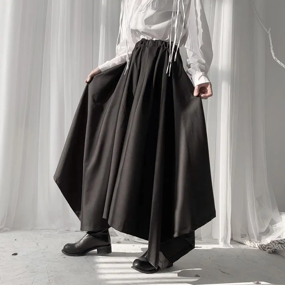 

Free Shipping 2021 Fashion Long Wide Leg Pants For Women Irregural Trousers Plus Size S-2XL Black Summer Elastic Waist Pants