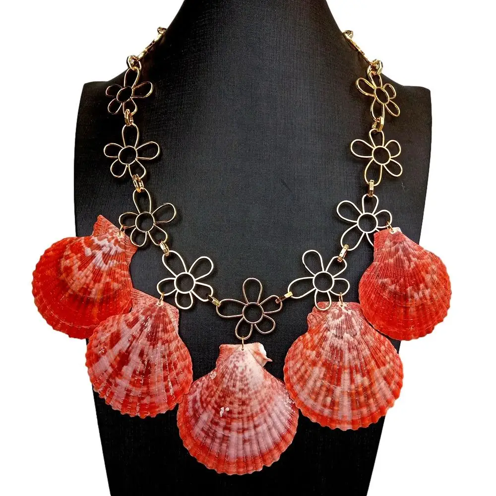 

Y.YING Natural Red Sea Shell Gold Plated Flower Chain Statement Necklace 21"