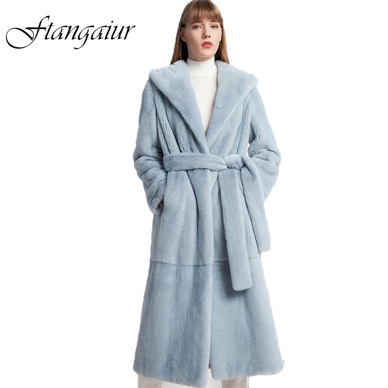 

Ftangaiur 2021 Winter Import Velvet Mink Fur Coat With Fur Hood Slim Solid Mink Coat Women X-Long Natural Real Mink Fur Coats