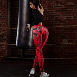 Women Red Serpentine Fitness Leggings Jogging Outdoor Running Sportswear High Waist Pants Casual Sexy Workout Trousers Bottom