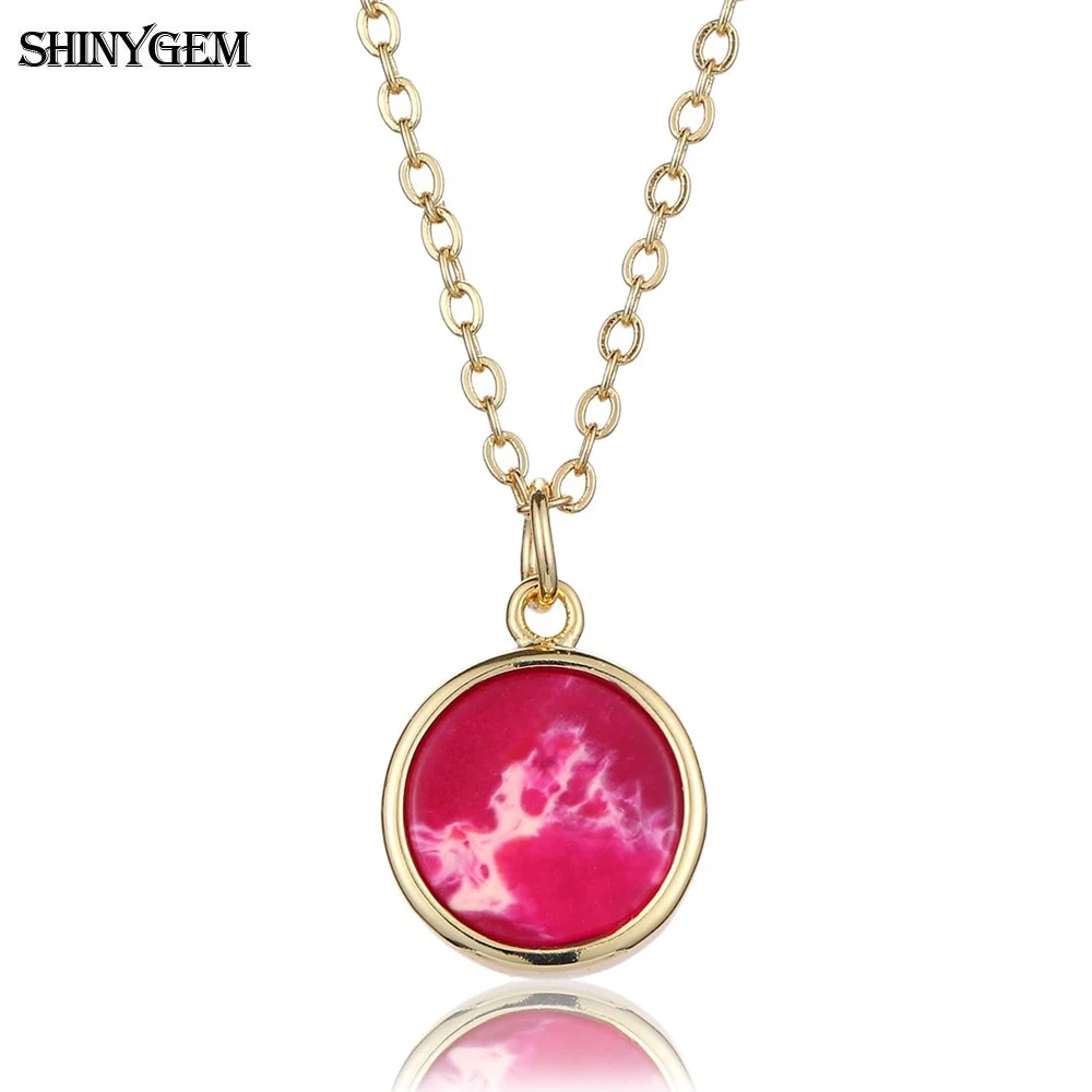 

ShinyGem Classic Rose Stone Pendant Necklace Gold Plating Smooth Round Natural Crystal Gem Stone Choker Necklaces For Women
