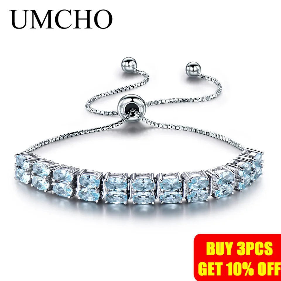 UMCHO Natural Sky Blue Topaz Gemstone Silver Bracelets for Women Genuine 925 Sterling Silver Adjustable Charm Party Fine Jewelry