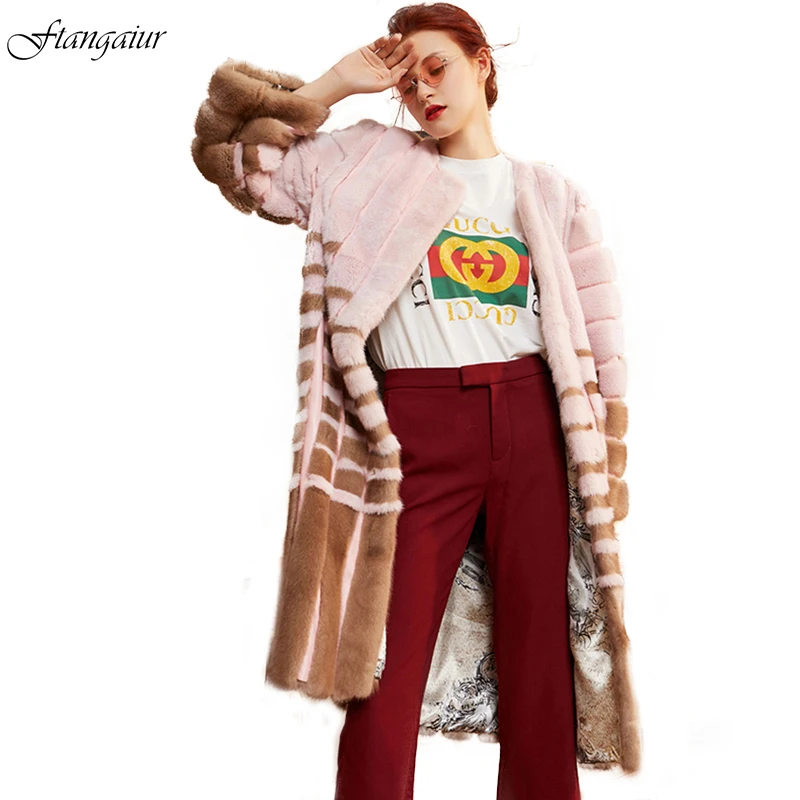 Ftangaiur Winter Import Velvet Mink Fur Coat O-Neck Loss Striped Mink Coats Women's Contrast Color X-Long Real Mink Fur Coats