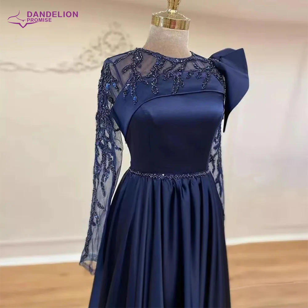 Navy Blau Langarm A-linie Muslimische Abendkleider Luxus Perlen Dubai Frauen Formale Party Kleider 2021 Arabisch Hochzeit Gast Kleid