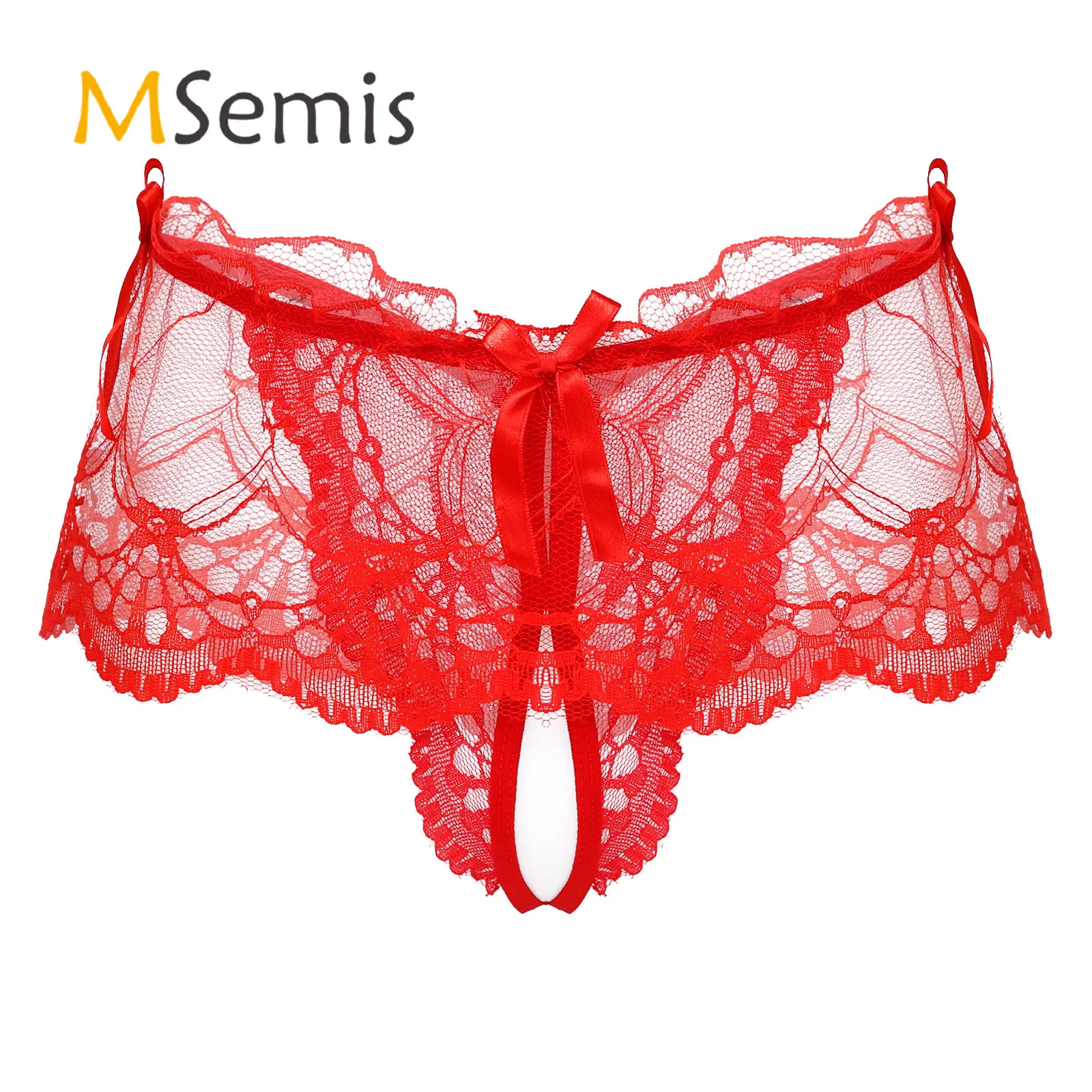 

Mens See-through Lace Crotchless Lingerie Underwear Skirted Thong T-back Panties Low Rise Elastic Waistband Bowknot G-string