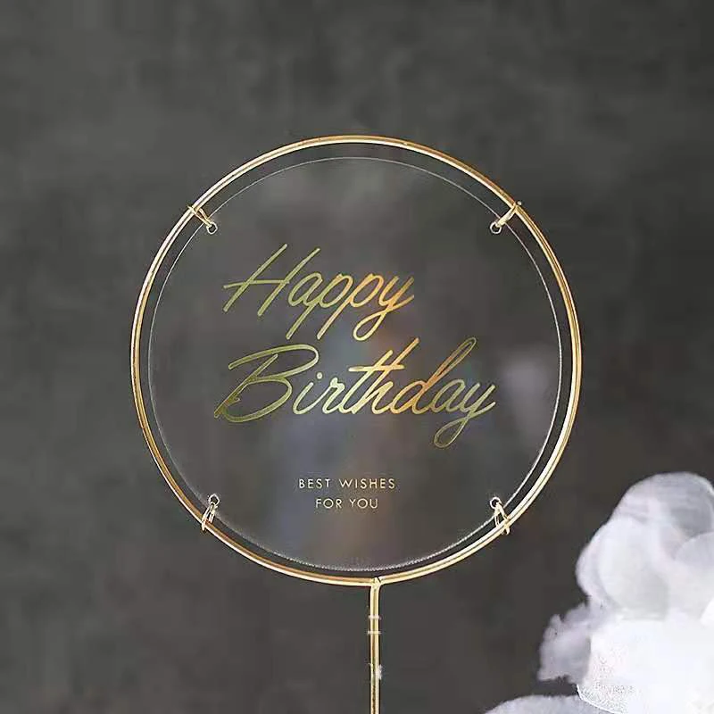 2pc White Transparent Acrylic Happy Birthday Cake Toppers Round Gold-plated Iron Hoop cake Flag Baking birthday Cake Decoration