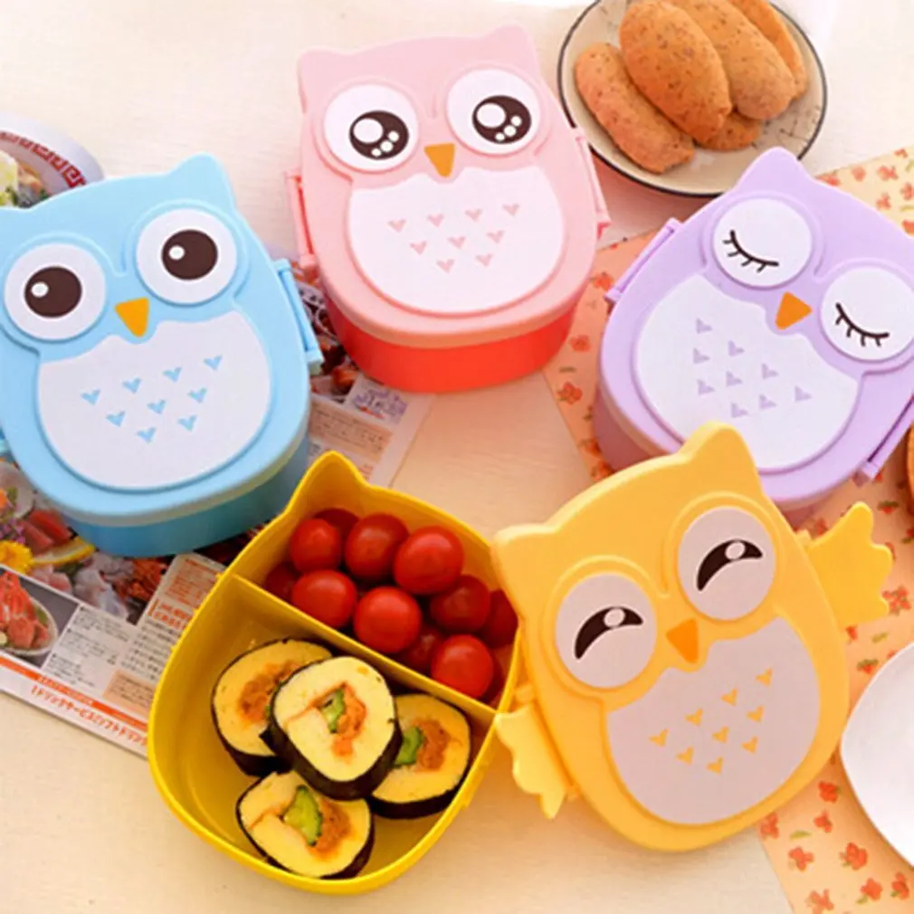 Fiambrera portátil Bento de búho de dibujos animados, contenedor de plástico seguro para alimentos, Picnic, niños, estudiantes, estuche con compartimentos