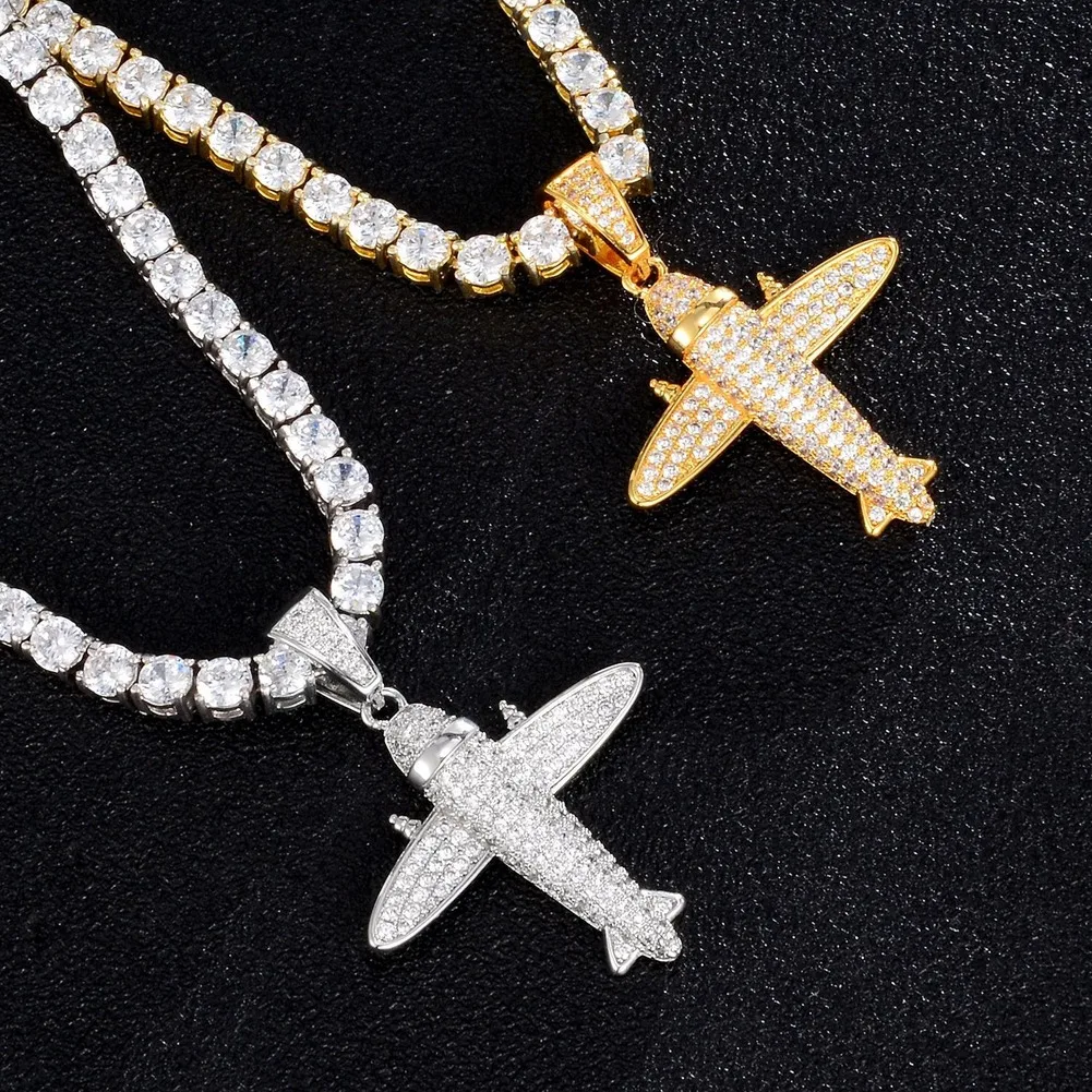 Bling Bling Aircraft Necklace & Pendant with Twist Chain Gold Silver Color Cubic Zircon Men's Women Hip Hop Jewelry for Gift