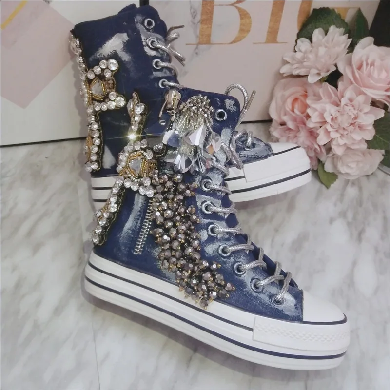 JELLYFOND Women Canvas Shoes Flat Sneakers Ladies Platform Sneaker Casual High Tops Lace Up Crystal Bling Shoes Female