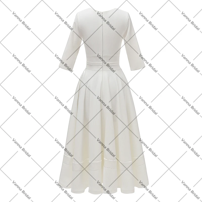 Vestido de novia sencillo de satén con media manga y cuello en V, minivestido de novia con longitud de té, hecho a medida