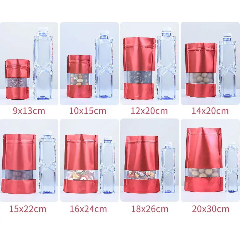 1000Pcs/Lot Stand Up Red Aluminum Foil Self Seal Bag with Window, Metallic Plastic Packaging Pouch for Food Tea Candy Cookie