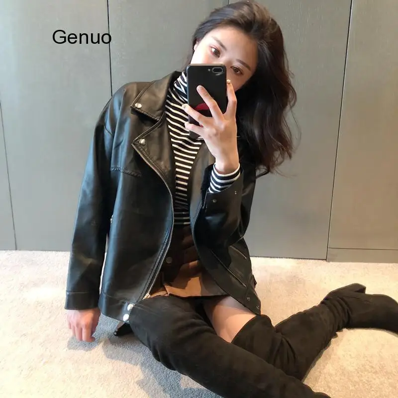 Spring Autumn New Women Pu Leather Jackets Korean Loose Student Motorcycle Leather Jacket Outwear